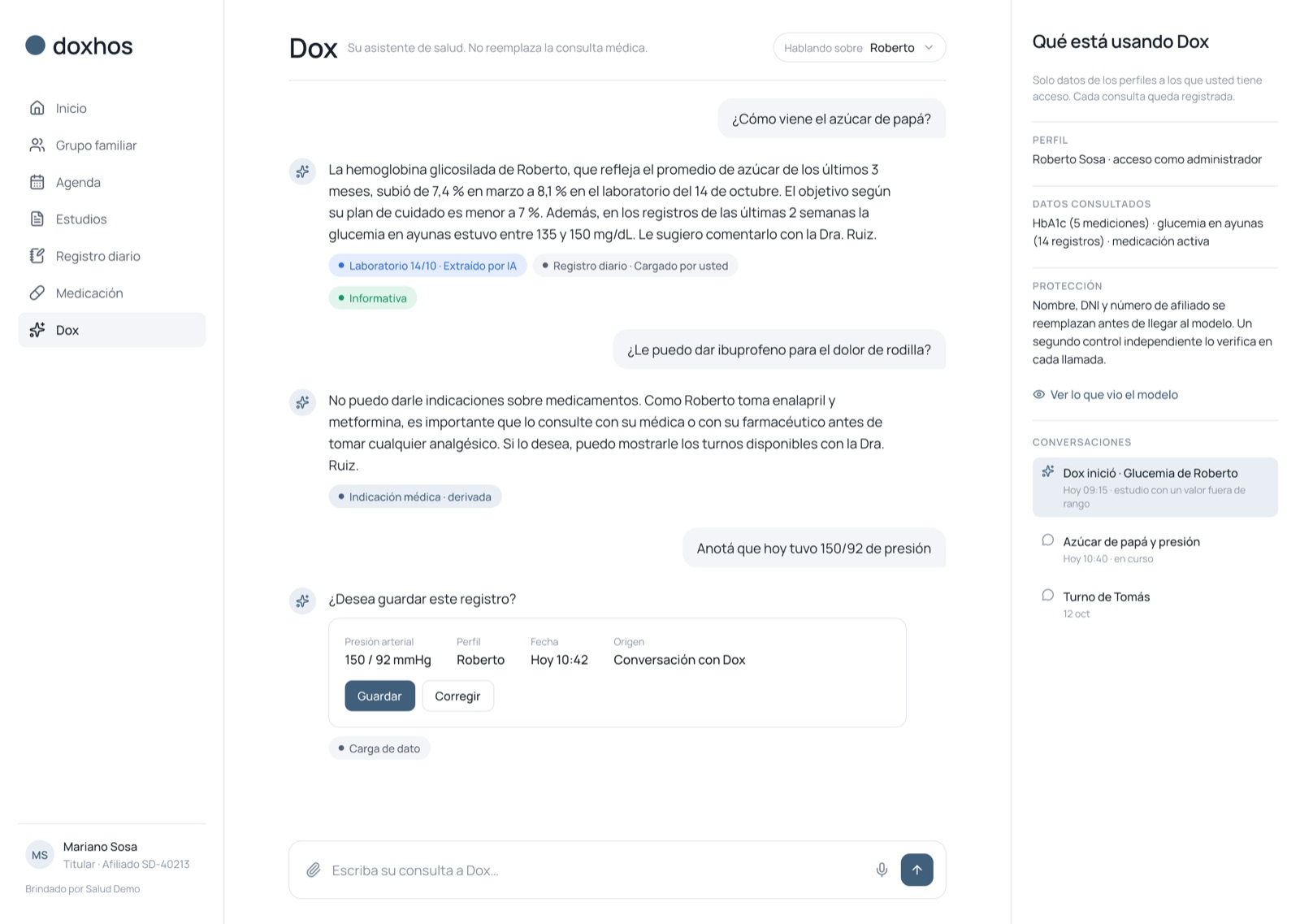 Conversación con Dox: respuestas con la fuente de cada dato